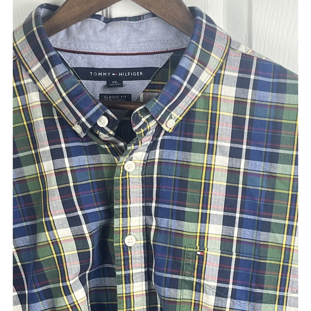 Tommy Hilfiger Shirt Mens 2XL Green Blue‎ Plaid Classic Fit Button Down Casual
